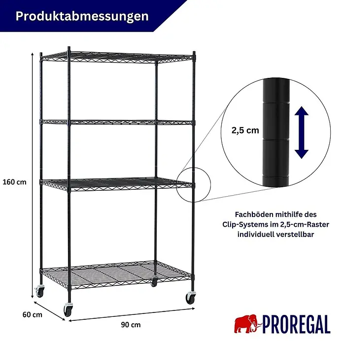 Proregal Metallregal Gitterregal HADES mit Rollen - H x B x T: 160 x 90 x 60 cm, Traglast pro Boden: 75 kg, Anzahl Böden: 4 Stk., Stecken, Schwarz - Schwarzes Metallregal auf Rollen, 160x90x60 cm, mit Fachböden im 2,5-cm-Raster verstellbar.