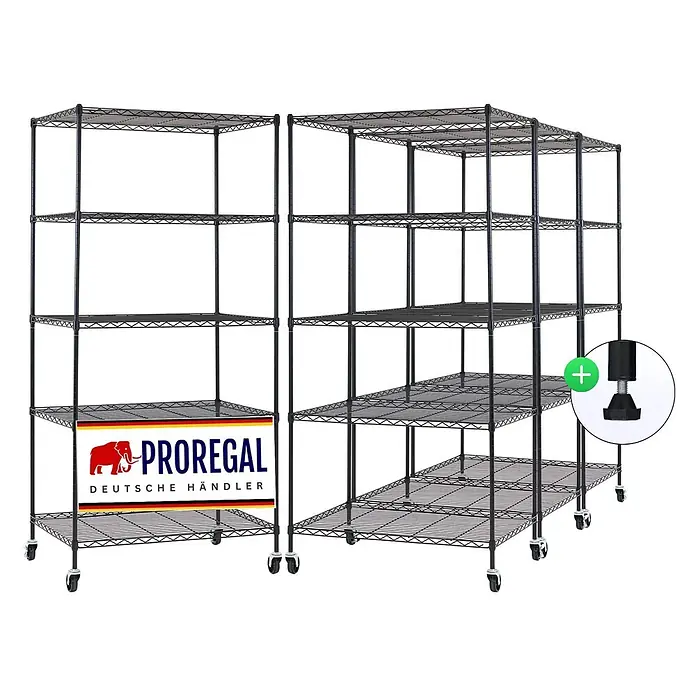 Proregal Metallregal 4er Set Gitterregal HADES mit Rollen - H x B x T: 180 x 90 x 60 cm, Traglast pro Boden: 75 kg, Anzahl Böden: 5 Stk., Stecken, Schwarz - Zwei schwarze Metall-Drahtregale: ein gerades 4-Böden-Regal und ein L-förmiges 3-Böden-Regal. Beide mit Rollen und verstellbaren Füßen.