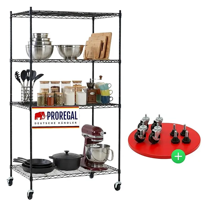 Proregal Metallregal Gitterregal HADES mit Rollen - H x B x T: 160 x 90 x 60 cm, Traglast pro Boden: 75 kg, Anzahl Böden: 4 Stk., Stecken, Schwarz - Schwarzes 5-stöckiges Drahtregal mit Küchenutensilien, inklusive Rollen und Nivellierfüßen.