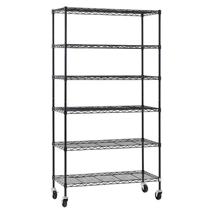 Proregal Metallregal Gitterregal HADES mit Rollen - H x B x T: 160 x 90 x 40 cm, Traglast pro Boden: 75 kg, Anzahl Böden: 6 Stk., Stecken, Schwarz - Schwarzes 6-stufiges Drahtregal mit Rollen für mobile Lagerung.
