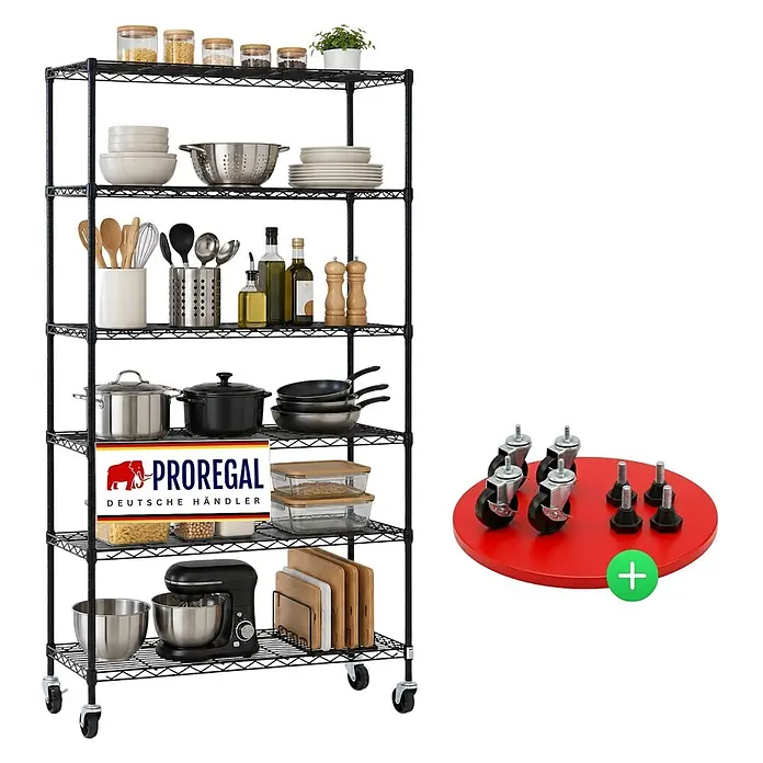 Proregal Metallregal Gitterregal HADES mit Rollen - H x B x T: 160 x 90 x 40 cm, Traglast pro Boden: 75 kg, Anzahl Böden: 6 Stk., Stecken, Schwarz - Schwarzes Drahtregal mit Rollen, gefüllt mit Küchenutensilien. Inklusive separatem Satz Rollen und Nivellierfüßen.