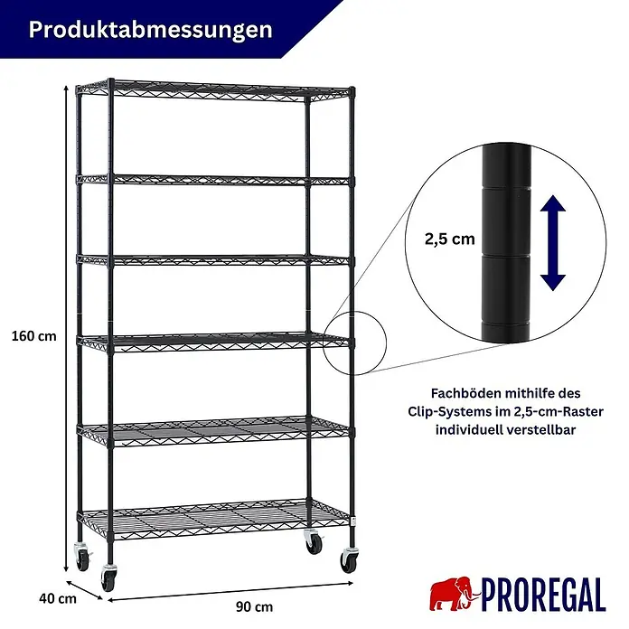 Proregal Metallregal Gitterregal HADES mit Rollen - H x B x T: 160 x 90 x 40 cm, Traglast pro Boden: 75 kg, Anzahl Böden: 6 Stk., Stecken, Schwarz - Schwarzes Metallregal auf Rollen. Maße: 160x90x40 cm. Fachböden im 2,5-cm-Raster verstellbar.