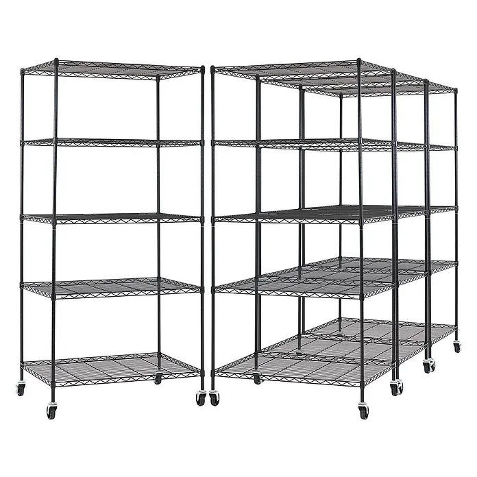 Proregal Metallregal 4er Set Gitterregal HADES mit Rollen - H x B x T: 180 x 90 x 60 cm, Traglast pro Boden: 75 kg, Anzahl Böden: 5 Stk., Stecken, Schwarz - Zwei schwarze Metallgitterregale auf Rollen, ein Standard- und ein Eckmodell.
