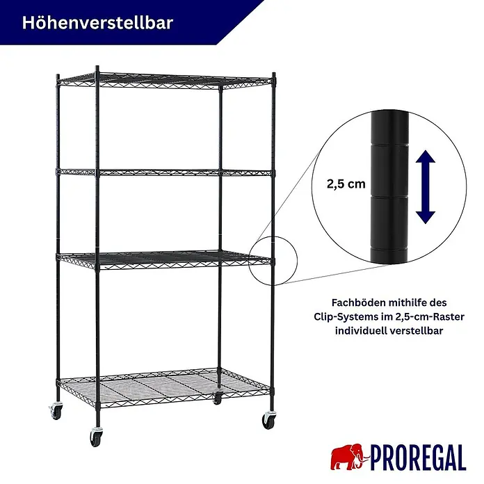 Proregal Metallregal 5er Set Gitterregal HADES mit Rollen - H x B x T: 160 x 90 x 60 cm, Traglast pro Boden: 75 kg, Anzahl Böden: 4 Stk., Stecken, Schwarz - Schwarzes Drahtregal auf Rollen mit individuell höhenverstellbaren Fachböden.