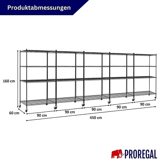 Proregal Metallregal 5er Set Gitterregal HADES mit Rollen - H x B x T: 160 x 90 x 60 cm, Traglast pro Boden: 75 kg, Anzahl Böden: 4 Stk., Stecken, Schwarz - Langes, dunkelgraues Metall-Drahtregal mit 5 Sektionen und Rollen, 160x450x60 cm.
