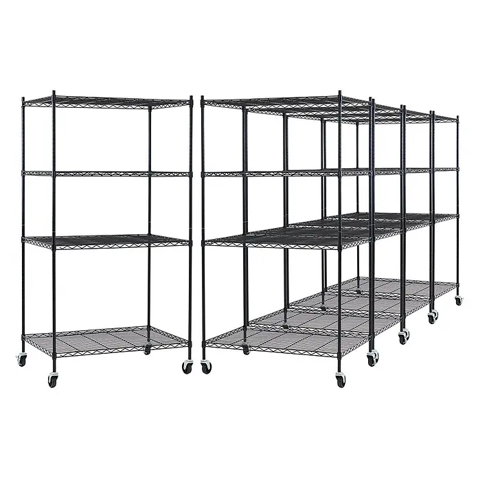 Proregal Metallregal 5er Set Gitterregal HADES mit Rollen - H x B x T: 160 x 90 x 60 cm, Traglast pro Boden: 75 kg, Anzahl Böden: 4 Stk., Stecken, Schwarz - Schwarze Metall-Drahtregaleinheiten auf Rollen, L-förmig angeordnet mit mehreren verstellbaren Regalböden.