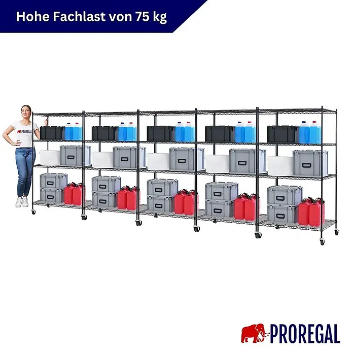 Proregal Metallregal 5er Set Gitterregal HADES mit Rollen - H x B x T: 160 x 90 x 60 cm, Traglast pro Boden: 75 kg, Anzahl Böden: 4 Stk., Stecken, Schwarz - Schwarzes Drahtregal, 4 Ebenen, mit Lagerbehältern und Flaschen. Frau zeigt Größe. 75 kg Traglast pro Boden.