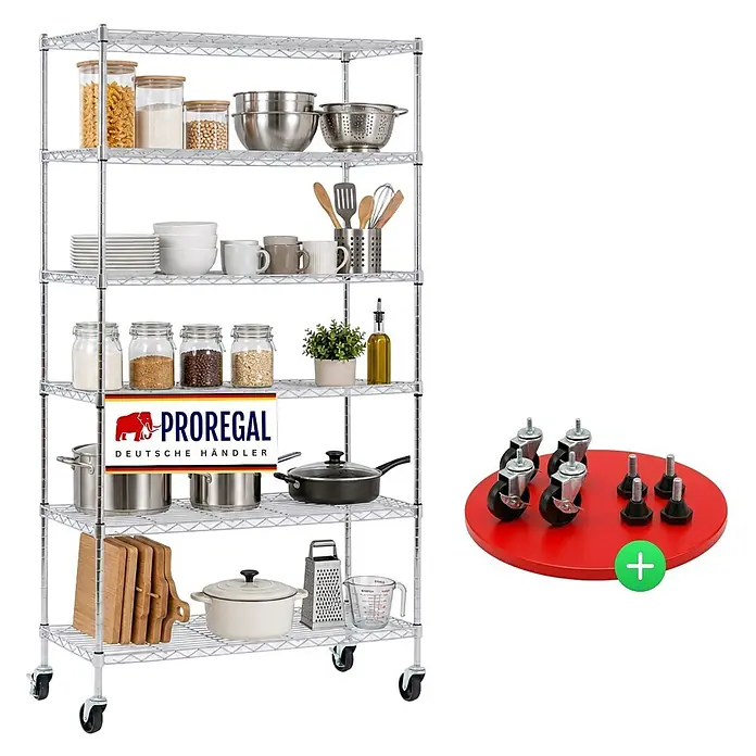 Proregal Metallregal Gitterregal HADES mit Rollen - H x B x T: 160 x 90 x 40 cm, Traglast pro Boden: 75 kg, Anzahl Böden: 6 Stk., Stecken, Chrom Silber - Chromfarbenes Drahtregal, gefüllt mit Küchenutensilien, inklusive Rollen und Nivellierfüßen.