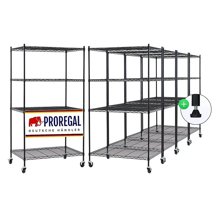 Proregal Metallregal 5er Set Gitterregal HADES mit Rollen - H x B x T: 160 x 90 x 60 cm, Traglast pro Boden: 75 kg, Anzahl Böden: 4 Stk., Stecken, Schwarz - Schwarzes Drahtregalsystem, modular, mit Rollen und verstellbaren Füßen für vielseitige Lagerung.