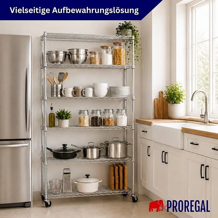 Proregal Metallregal Gitterregal HADES mit Rollen - H x B x T: 160 x 90 x 40 cm, Traglast pro Boden: 75 kg, Anzahl Böden: 6 Stk., Stecken, Chrom Silber - Ein mobiles Regal aus verchromtem Stahldraht, gefüllt mit Küchenutensilien und -bedarfsartikeln, bietet vielseitigen Stauraum.