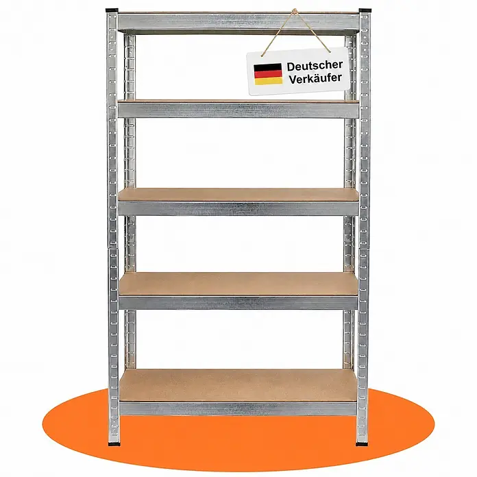 Ondis24 Metallregal - Traglast pro Boden: 70 kg, Anzahl Böden: 5 Stk., Stecken - Fünfstöckiges Metallregal mit Holzablagen. Ein Schild mit der deutschen Flagge und 'Deutscher Verkäufer' hängt von oben.