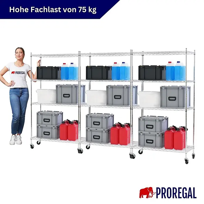 Proregal Metallregal 3er Set Gitterregal HADES mit Rollen - H x B x T: 160 x 90 x 40 cm, Traglast pro Boden: 75 kg, Anzahl Böden: 4 Stk., Stecken, Chrom Silber - Fahrbares Chrom-Drahtregal, beladen mit Aufbewahrungsboxen, mit Frau zur Größenansicht. Jede Ablage trägt bis zu 75 kg.