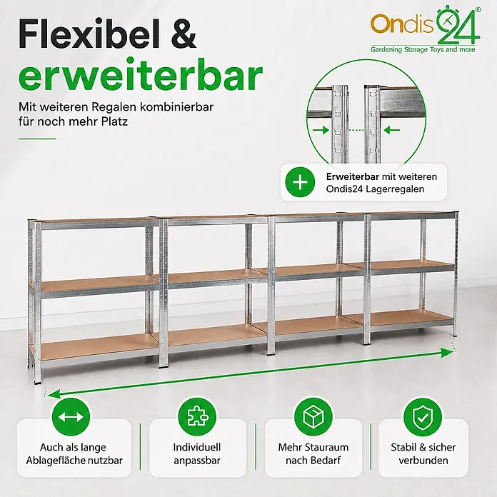 Ondis24 Metallregal - Traglast pro Boden: 70 kg, Anzahl Böden: 5 Stk., Stecken - Silberfarbenes Metallregal mit hellbraunen Böden, als drei verbundene Einheiten für flexiblen und erweiterbaren Stauraum.