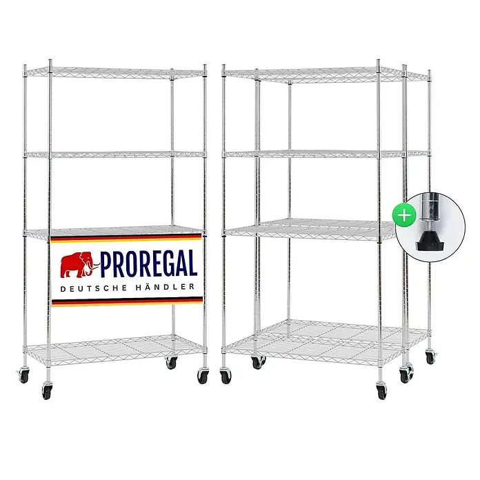 Proregal Metallregal 3er Set Gitterregal HADES mit Rollen - H x B x T: 160 x 90 x 40 cm, Traglast pro Boden: 75 kg, Anzahl Böden: 4 Stk., Stecken, Chrom Silber - Zwei Chrom-Drahtregale, eines mit Rollen, eines mit verstellbaren Füßen. Modulare Bauweise.
