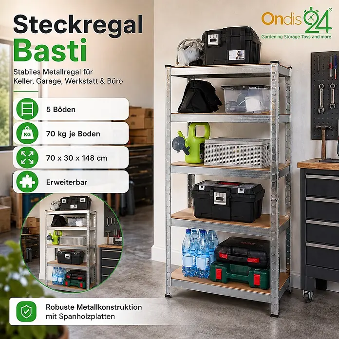 Ondis24 Metallregal - Traglast pro Boden: 70 kg, Anzahl Böden: 5 Stk., Stecken - Stabiles Metallregal mit 5 Holzablagen, für Werkzeuge & Boxen, ideal für Garage & Keller.