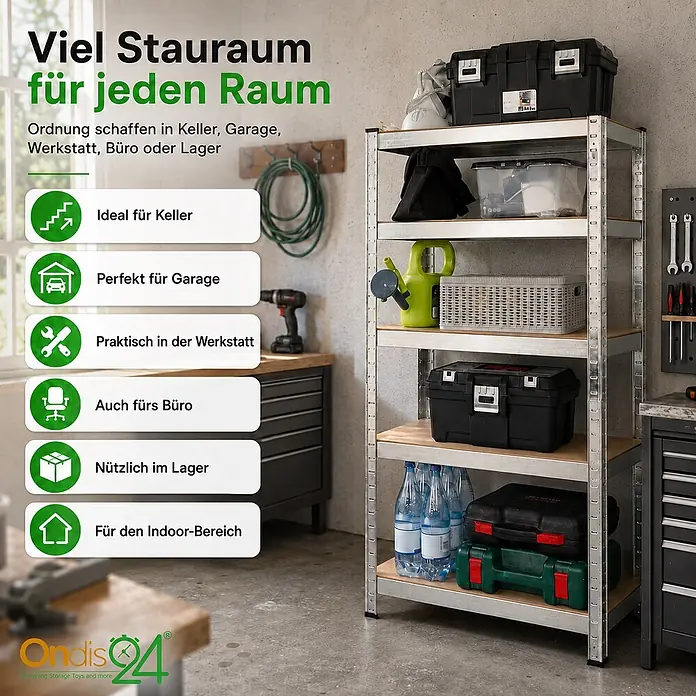 Ondis24 Metallregal - Traglast pro Boden: 70 kg, Anzahl Böden: 5 Stk., Stecken - Vielseitiges Metallregal mit Holzablagen, ideal für geordnete Aufbewahrung in jedem Raum.