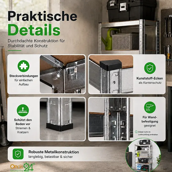 Ondis24 Metallregal - Traglast pro Boden: 70 kg, Anzahl Böden: 5 Stk., Stecken - Robustes Metallregal mit braunen Ablagen, einfacher Montage, Schutzecken und Bodenschutz für Stabilität.