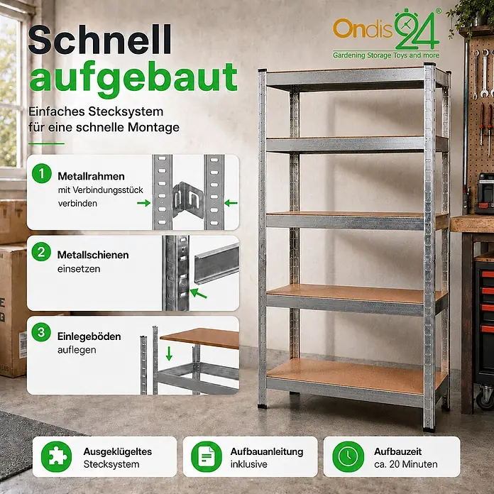 Ondis24 Metallregal - Traglast pro Boden: 70 kg, Anzahl Böden: 5 Stk., Stecken - Robustes graues Metallregal mit Holzböden, das sein einfaches, schnelles Montagesystem hervorhebt.