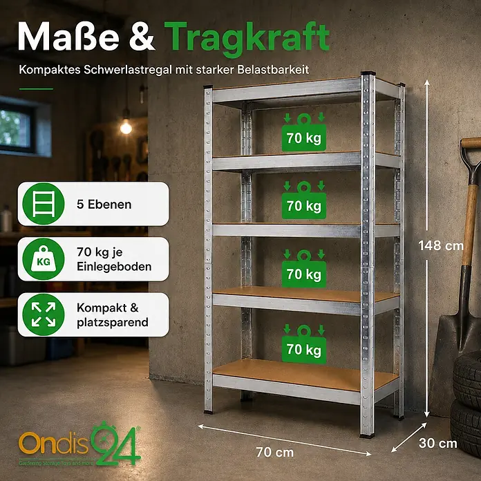 Ondis24 Metallregal - Traglast pro Boden: 70 kg, Anzahl Böden: 5 Stk., Stecken - Kompaktes Metall-Schwerlastregal (70x30x148 cm) mit 5 Holzböden, je 70 kg Tragkraft.