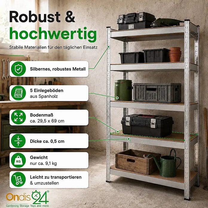 Ondis24 Metallregal - Traglast pro Boden: 70 kg, Anzahl Böden: 5 Stk., Stecken - Robustes silbernes Metallregal mit fünf Holzablagen, ideal für vielseitige Lagerung.