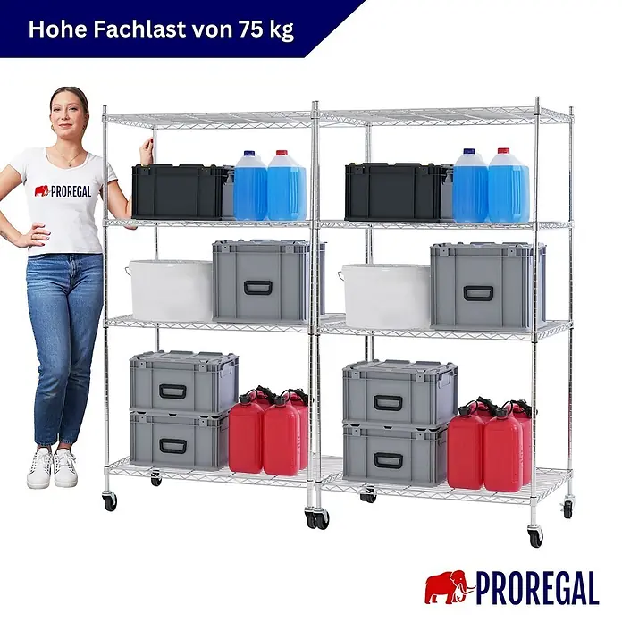 Proregal Metallregal 2er Set Gitterregal HADES mit Rollen - H x B x T: 160 x 90 x 60 cm, Traglast pro Boden: 75 kg, Anzahl Böden: 4 Stk., Stecken, Chrom Silber - Verchromtes Metallregal auf Rollen, mit Frau zur Größenansicht. Jedes Fach trägt bis zu 75 kg.