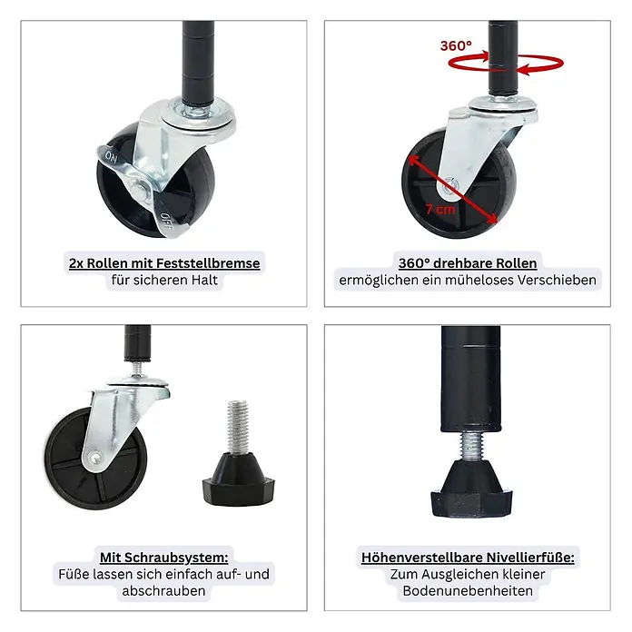 Proregal Metallregal 5er Set Gitterregal HADES mit Rollen - H x B x T: 160 x 90 x 40 cm, Traglast pro Boden: 75 kg, Anzahl Böden: 6 Stk., Stecken, Schwarz - Lenkrollen, davon zwei mit Feststellbremse, und höhenverstellbare Nivellierfüße aus schwarzem Kunststoff und Metall.