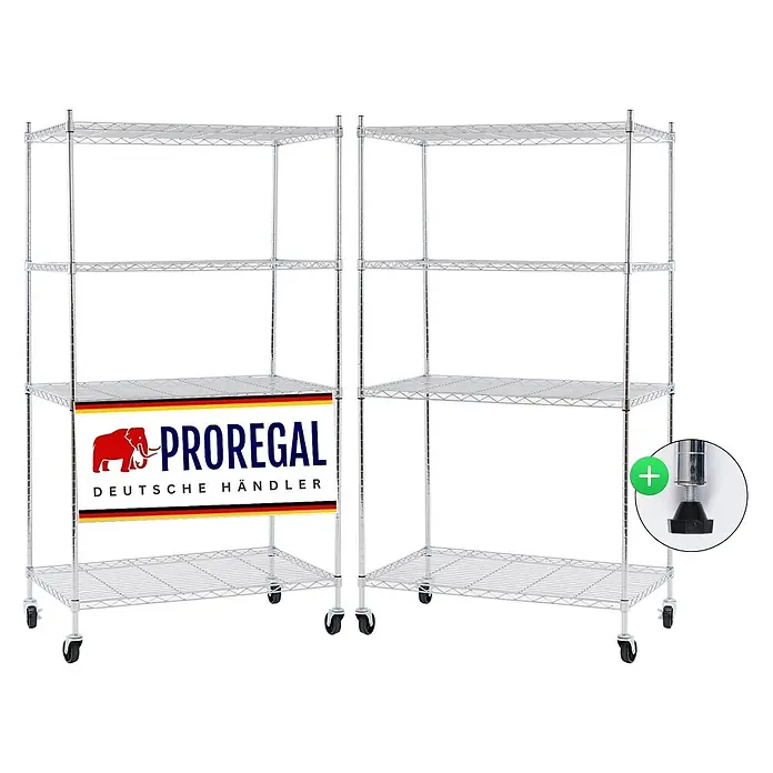 Proregal Metallregal 2er Set Gitterregal HADES mit Rollen - H x B x T: 160 x 90 x 60 cm, Traglast pro Boden: 75 kg, Anzahl Böden: 4 Stk., Stecken, Chrom Silber - Zwei verchromte Drahtregale; eines ist mobil mit Rollen, das andere hat verstellbare Nivellierfüße für Stabilität.