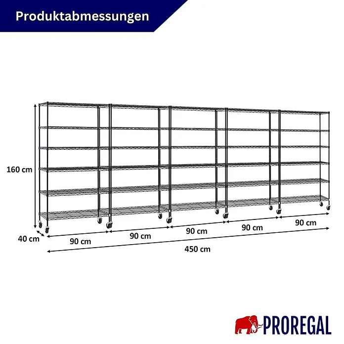 Proregal Metallregal 5er Set Gitterregal HADES mit Rollen - H x B x T: 160 x 90 x 40 cm, Traglast pro Boden: 75 kg, Anzahl Böden: 6 Stk., Stecken, Schwarz - Großes schwarzes Drahtregal auf Rollen mit 5 Sektionen. Maße: 160 cm hoch, 450 cm breit, 40 cm tief.