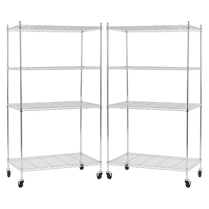 Proregal Metallregal 2er Set Gitterregal HADES mit Rollen - H x B x T: 160 x 90 x 60 cm, Traglast pro Boden: 75 kg, Anzahl Böden: 4 Stk., Stecken, Chrom Silber - Zwei silberne Chromdrahtregale mit je 4 Ablagen, für eine Ecke konfiguriert, mit Rollen für Mobilität.