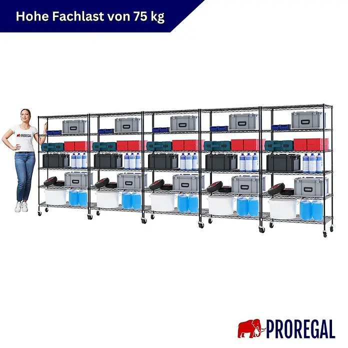 Proregal Metallregal 5er Set Gitterregal HADES mit Rollen - H x B x T: 160 x 90 x 40 cm, Traglast pro Boden: 75 kg, Anzahl Böden: 6 Stk., Stecken, Schwarz
