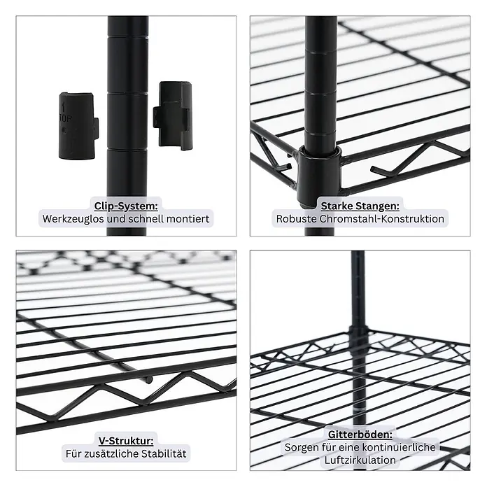 Proregal Metallregal 5er Set Gitterregal HADES mit Rollen - H x B x T: 160 x 90 x 40 cm, Traglast pro Boden: 75 kg, Anzahl Böden: 6 Stk., Stecken, Schwarz