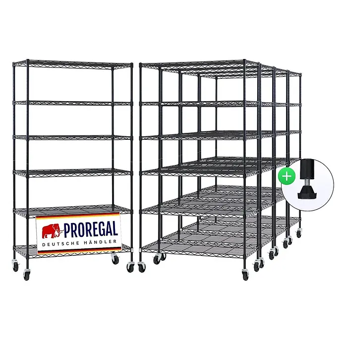 Proregal Metallregal 5er Set Gitterregal HADES mit Rollen - H x B x T: 160 x 90 x 40 cm, Traglast pro Boden: 75 kg, Anzahl Böden: 6 Stk., Stecken, Schwarz - Schwarzes Drahtregalsystem mit mehreren Einheiten, ausgestattet mit verstellbaren Füßen und Rollen.