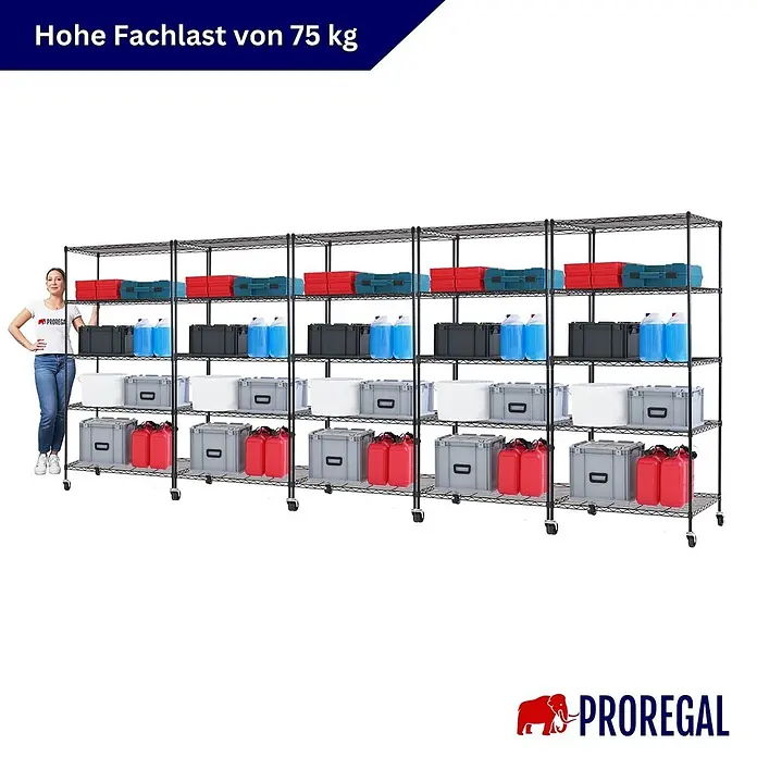 Proregal Metallregal 5er Set Gitterregal HADES mit Rollen - H x B x T: 180 x 90 x 60 cm, Traglast pro Boden: 75 kg, Anzahl Böden: 5 Stk., Stecken, Schwarz - Schwarzes Drahtregal, hoch belastbar, mit einer Person zur Größenveranschaulichung.