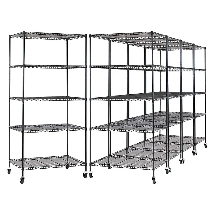 Proregal Metallregal 5er Set Gitterregal HADES mit Rollen - H x B x T: 180 x 90 x 60 cm, Traglast pro Boden: 75 kg, Anzahl Böden: 5 Stk., Stecken, Schwarz - Schwarze Drahtregaleinheiten aus Metall auf Rollen, L-förmig für vielseitige Aufbewahrung.