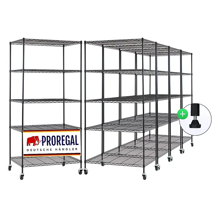 Proregal Metallregal 5er Set Gitterregal HADES mit Rollen - H x B x T: 180 x 90 x 60 cm, Traglast pro Boden: 75 kg, Anzahl Böden: 5 Stk., Stecken, Schwarz - Modulare schwarze Drahtregale, teils auf Rollen, teils mit verstellbaren Nivellierfüßen.