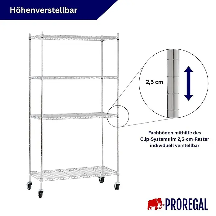 Proregal Metallregal 4er Set Gitterregal HADES mit Rollen - Traglast pro Boden: 75 kg, Anzahl Böden: 4 Stk., Stecken, Chrom Silber - Verchromtes Drahtregal auf Rollen mit höhenverstellbaren Fachböden im 2,5-cm-Raster durch Clip-System.
