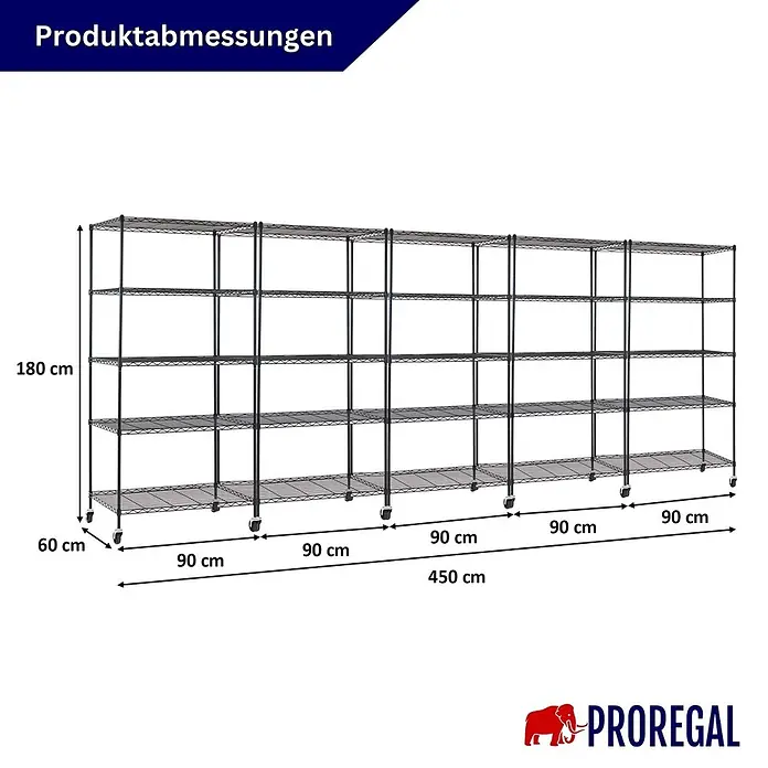 Proregal Metallregal 5er Set Gitterregal HADES mit Rollen - H x B x T: 180 x 90 x 60 cm, Traglast pro Boden: 75 kg, Anzahl Böden: 5 Stk., Stecken, Schwarz - Schwarzes 5-teiliges Metall-Drahtregal auf Rollen, 450x180x60 cm (BxHxT).