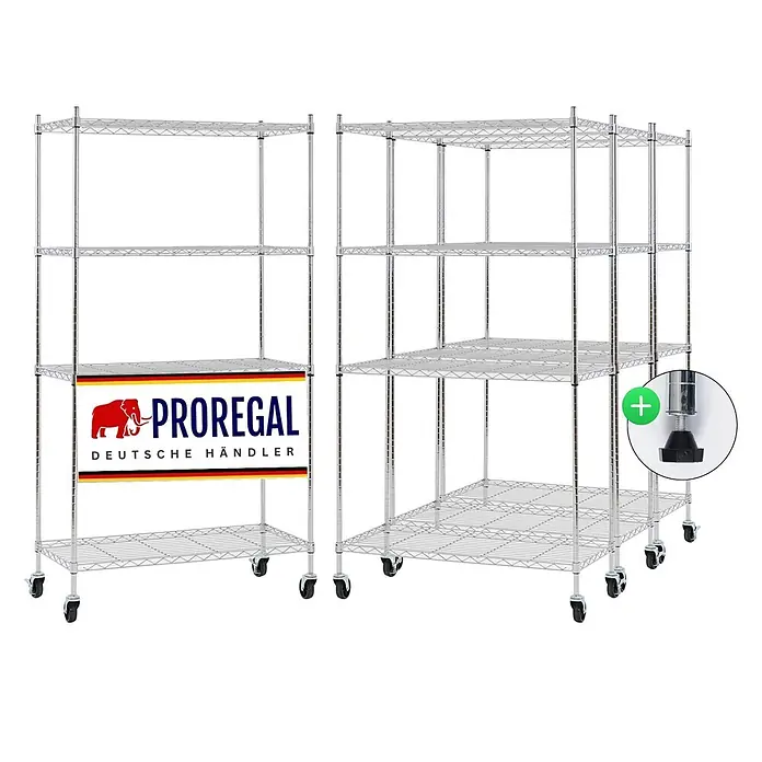 Proregal Metallregal 4er Set Gitterregal HADES mit Rollen - Traglast pro Boden: 75 kg, Anzahl Böden: 4 Stk., Stecken, Chrom Silber - Vielseitige Chrom-Drahtregaleinheiten auf Rollen, mit verstellbaren Nivellierfüßen dargestellt.