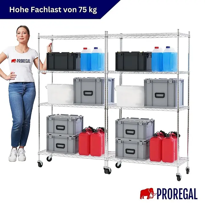 Proregal Metallregal 2er Set Gitterregal HADES mit Rollen - H x B x T: 160 x 90 x 40 cm, Traglast pro Boden: 75 kg, Anzahl Böden: 4 Stk., Stecken, Chrom Silber - Verchromtes Drahtregal auf Rollen mit gelagerten Artikeln; eine Frau zeigt die Größe. Jedes Fach hat eine hohe Traglast von 75 kg.