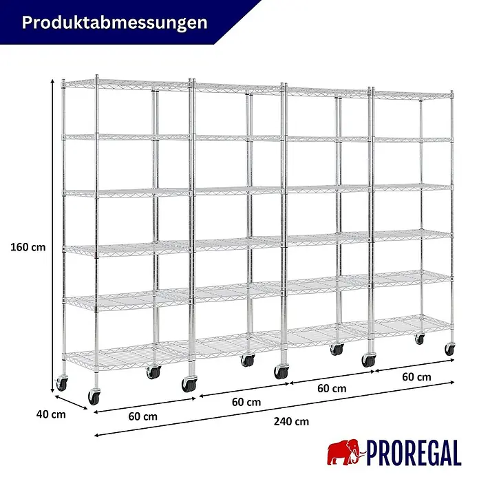 Proregal Metallregal 4er Set Gitterregal HADES mit Rollen - H x B x T: 160 x 60 x 40 cm, Traglast pro Boden: 75 kg, Anzahl Böden: 6 Stk., Stecken, Chrom Silber - Verchromtes Metallregal auf Rollen, 5 Ebenen. Maße: H 160 cm, B 240 cm, T 40 cm.