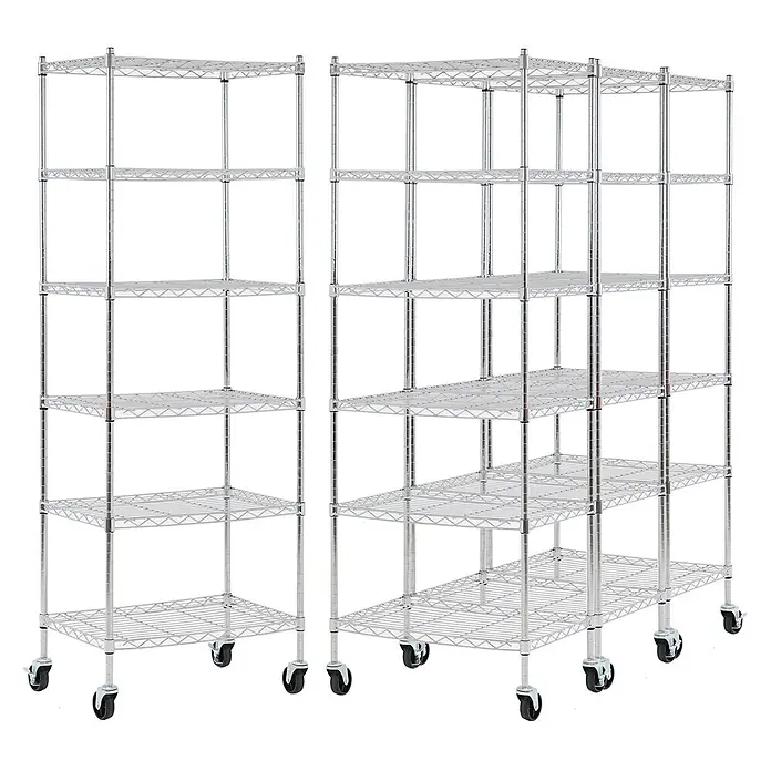 Proregal Metallregal 4er Set Gitterregal HADES mit Rollen - H x B x T: 160 x 60 x 40 cm, Traglast pro Boden: 75 kg, Anzahl Böden: 6 Stk., Stecken, Chrom Silber - Chrom-Drahtregale mit mehreren verstellbaren Böden und Rollen zur Aufbewahrung.