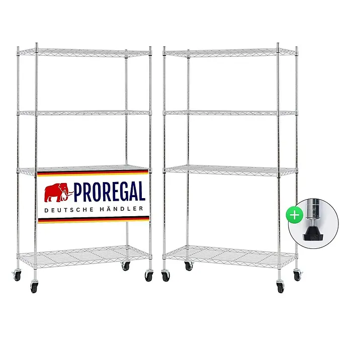 Proregal Metallregal 2er Set Gitterregal HADES mit Rollen - H x B x T: 160 x 90 x 40 cm, Traglast pro Boden: 75 kg, Anzahl Böden: 4 Stk., Stecken, Chrom Silber - Zwei verchromte Drahtregale auf Rollen, eines zeigt eine Option für verstellbare Füße.
