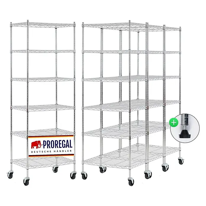 Proregal Metallregal 4er Set Gitterregal HADES mit Rollen - H x B x T: 160 x 60 x 40 cm, Traglast pro Boden: 75 kg, Anzahl Böden: 6 Stk., Stecken, Chrom Silber - Verchromte Drahtregaleinheiten mit Rollen und verstellbaren Füßen für vielseitige Lagerung.