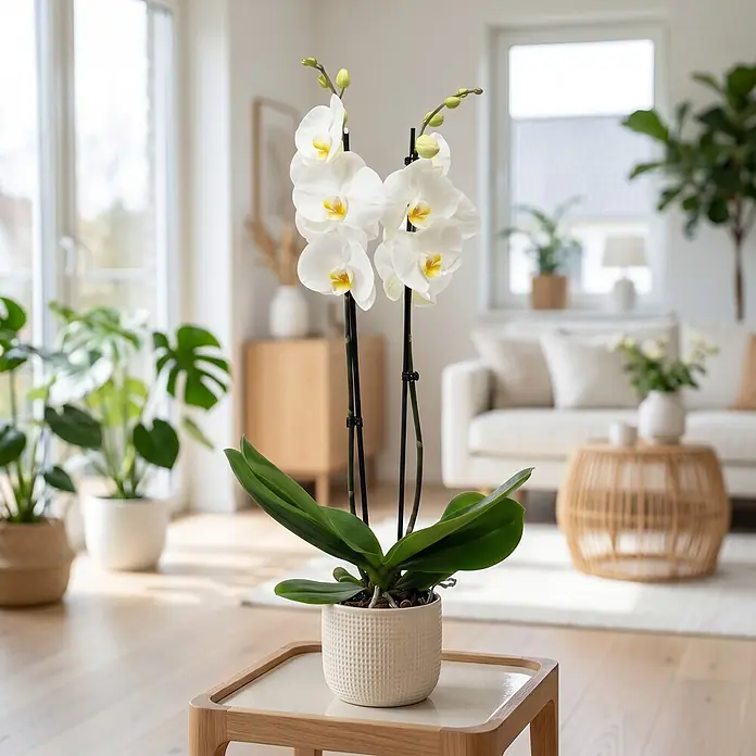 Piardino Schmetterlingsorchidee 2 Risper Krystina - Phalaenopsis Hybride, Topfgröße: 12 cm, Weiß mit gelbemn Zentrum - Weiße Orchidee mit mehreren Blüten und Knospen in einem strukturierten weißen Topf auf einem Holztisch, dekoriert ein helles Wohnzimmer.