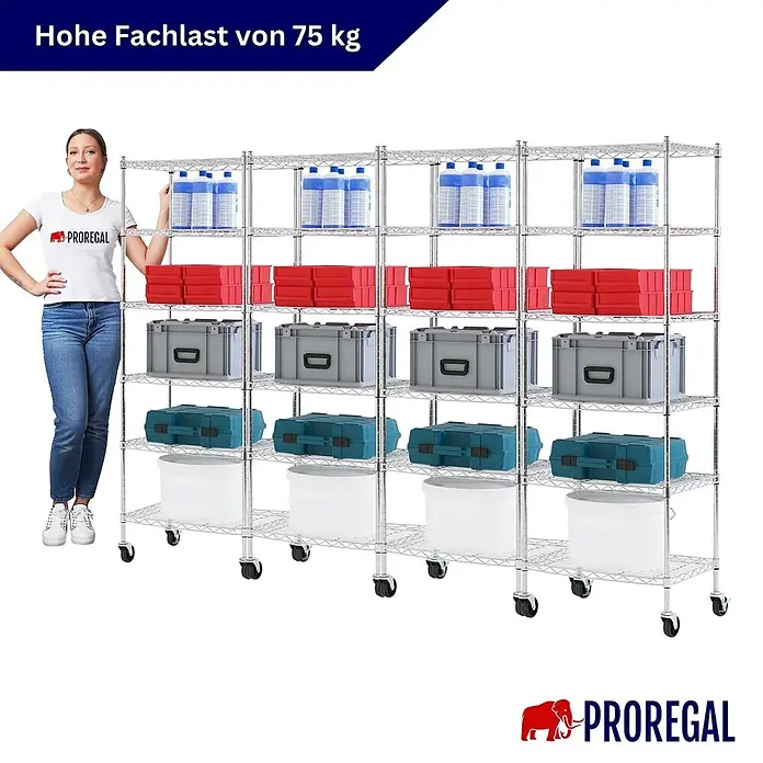 Proregal Metallregal 4er Set Gitterregal HADES mit Rollen - H x B x T: 160 x 60 x 40 cm, Traglast pro Boden: 75 kg, Anzahl Böden: 6 Stk., Stecken, Chrom Silber - Großes, verchromtes Metallregal auf Rollen mit mehreren Ablagen, das seine hohe Traglast demonstriert. Eine Frau steht daneben als Größenvergleich.