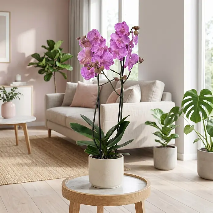 Piardino Schmetterlingsorchidee 2 Risper Laura - Phalaenopsis Hybride, Topfgröße: 12 cm, Rosaviolett mit feiner Musterung - Eine leuchtend rosa Orchidee mit gestreiften Blüten in einem cremefarbenen Keramiktopf, auf einem Beistelltisch in einem hellen Wohnzimmer.