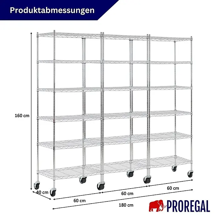 Proregal Metallregal 3er Set Gitterregal HADES mit Rollen - H x B x T: 160 x 60 x 40 cm, Traglast pro Boden: 75 kg, Anzahl Böden: 6 Stk., Stecken, Chrom Silber - Dreiteiliges Chromdrahtregal auf Rollen, 160x180x40 cm, für vielseitigen Stauraum.