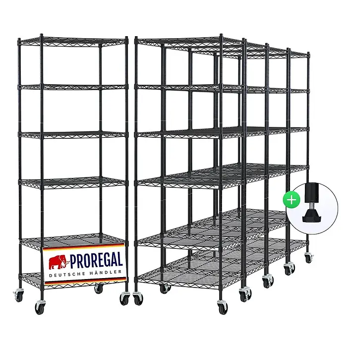 Proregal Metallregal 5er Set Gitterregal HADES mit Rollen - H x B x T: 160 x 60 x 40 cm, Traglast pro Boden: 75 kg, Anzahl Böden: 6 Stk., Stecken, Schwarz - Schwarzes Metallregalsystem auf Rollen, optional mit verstellbaren Füßen.