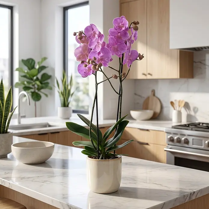 Piardino Schmetterlingsorchidee 2 Risper Laura - Phalaenopsis Hybride, Topfgröße: 12 cm, Rosaviolett mit feiner Musterung - Topf-Orchidee mit lila Blüten in hellem Topf auf moderner Küchenarbeitsplatte.