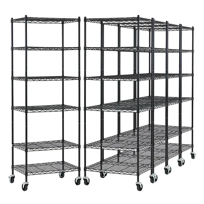 Proregal Metallregal 5er Set Gitterregal HADES mit Rollen - H x B x T: 160 x 60 x 40 cm, Traglast pro Boden: 75 kg, Anzahl Böden: 6 Stk., Stecken, Schwarz - Mehrere schwarze Drahtregaleinheiten auf Rollen für vielseitige Lagerung.